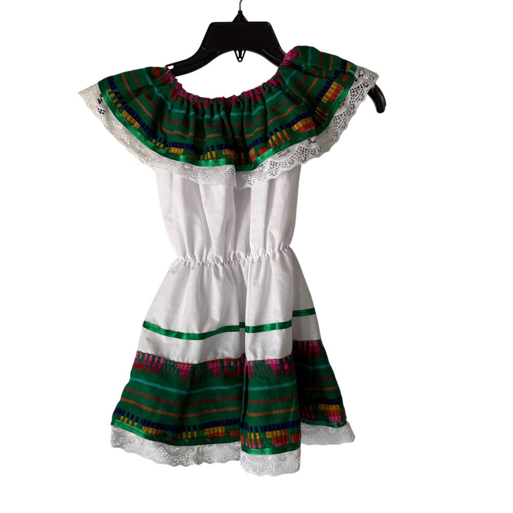Traditional Mexican Girl’s Folklorico Dress Size‎ 3 – Green & White, Lace Trim